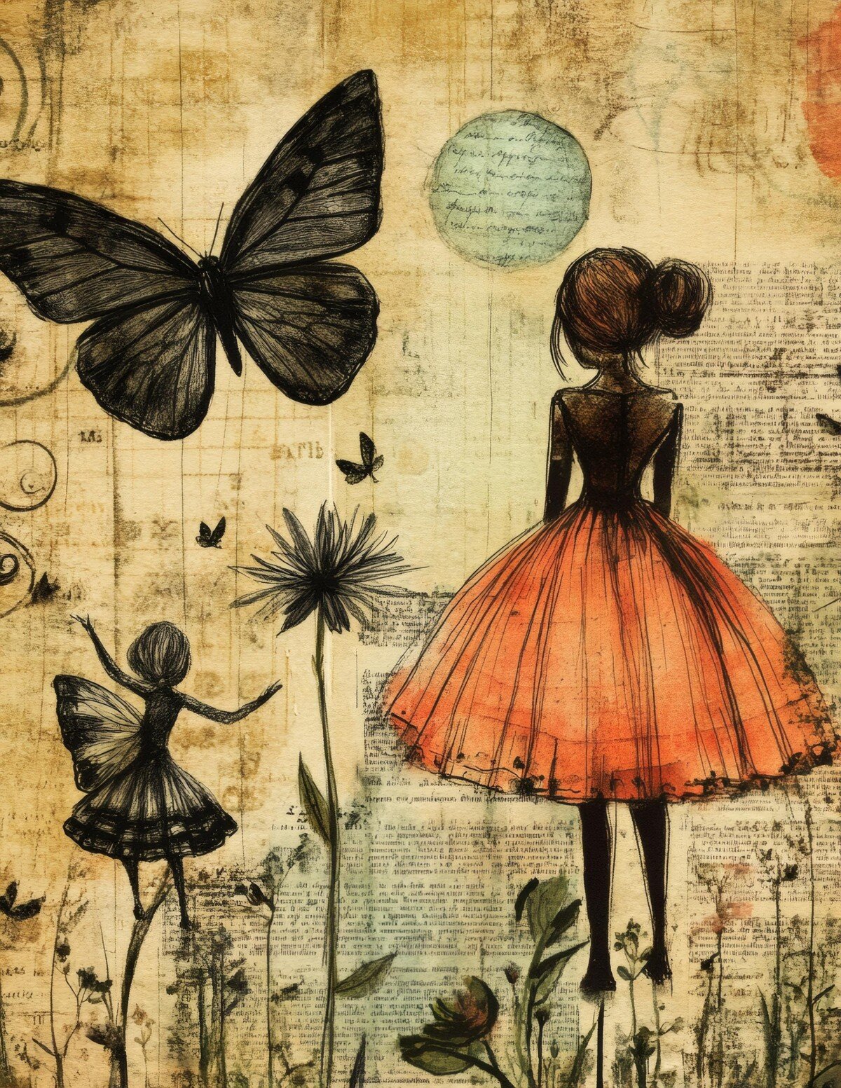 Fantasy journal paper preview with storybook figures and colorful aged collage textures
