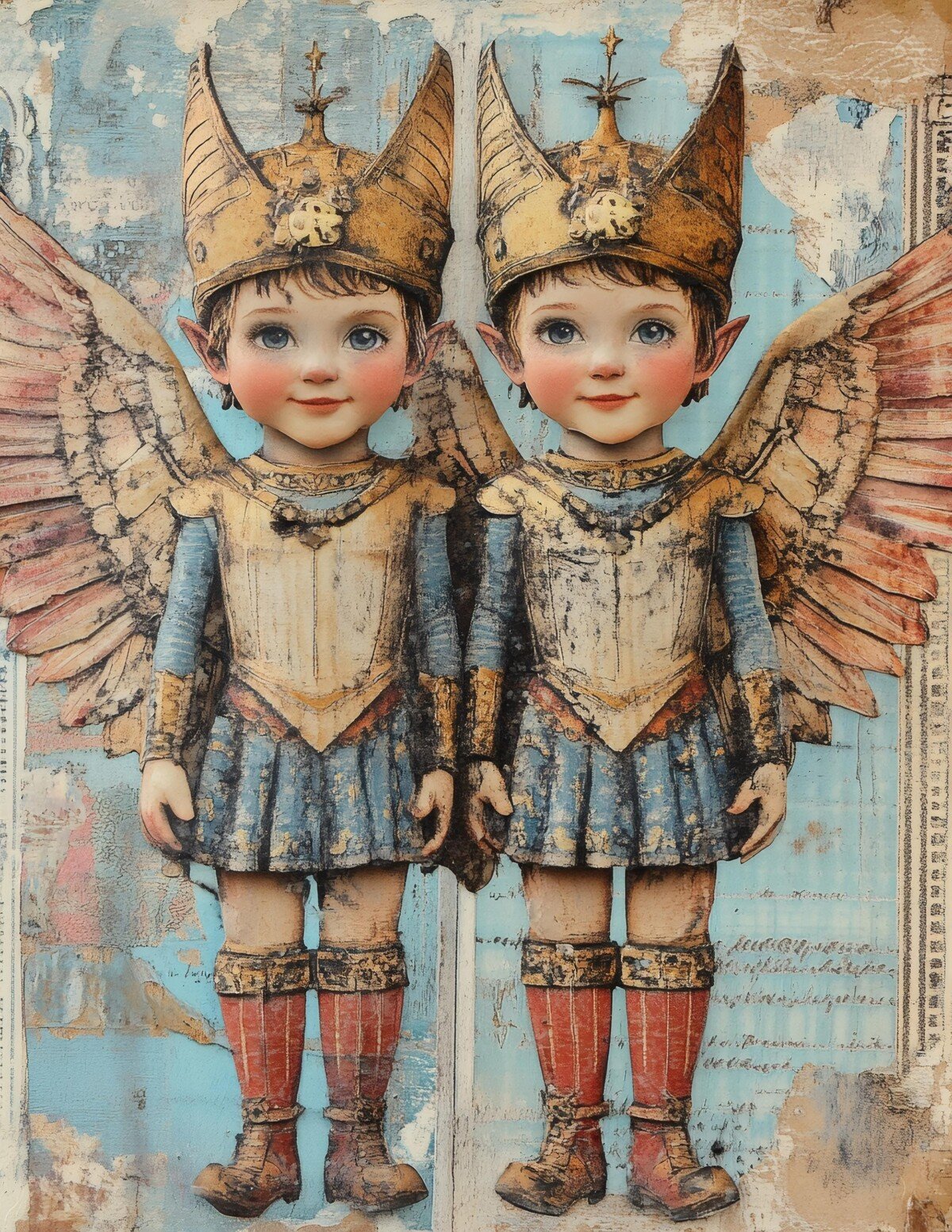 Fantasy journal paper preview with storybook figures and colorful aged collage textures