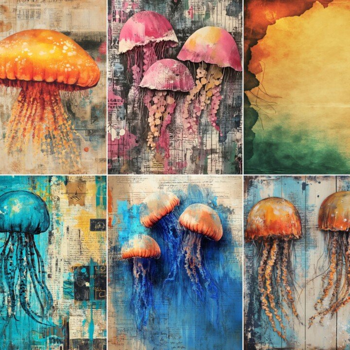 moonlit – 52 Moonlit Jellyfish Art Paper Junk Journal Pages