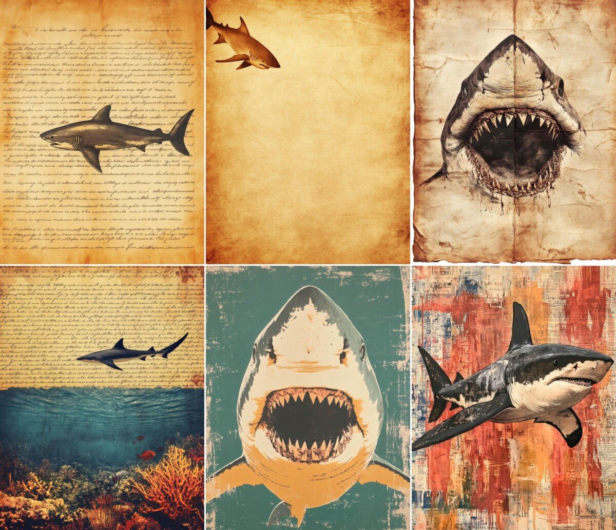Shark journal pages with parchment textures and ocean motifs
