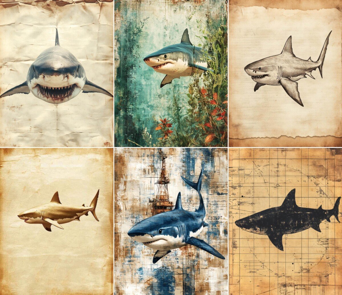 Vintage shark drawings and portraits on distressed backgrounds