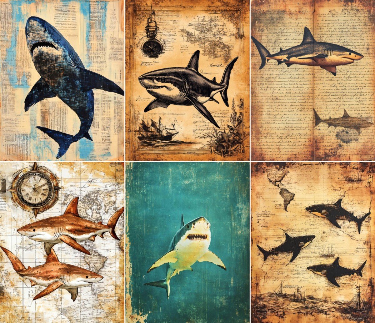 Shark digital paper previews with bold silhouettes and vintage textures
