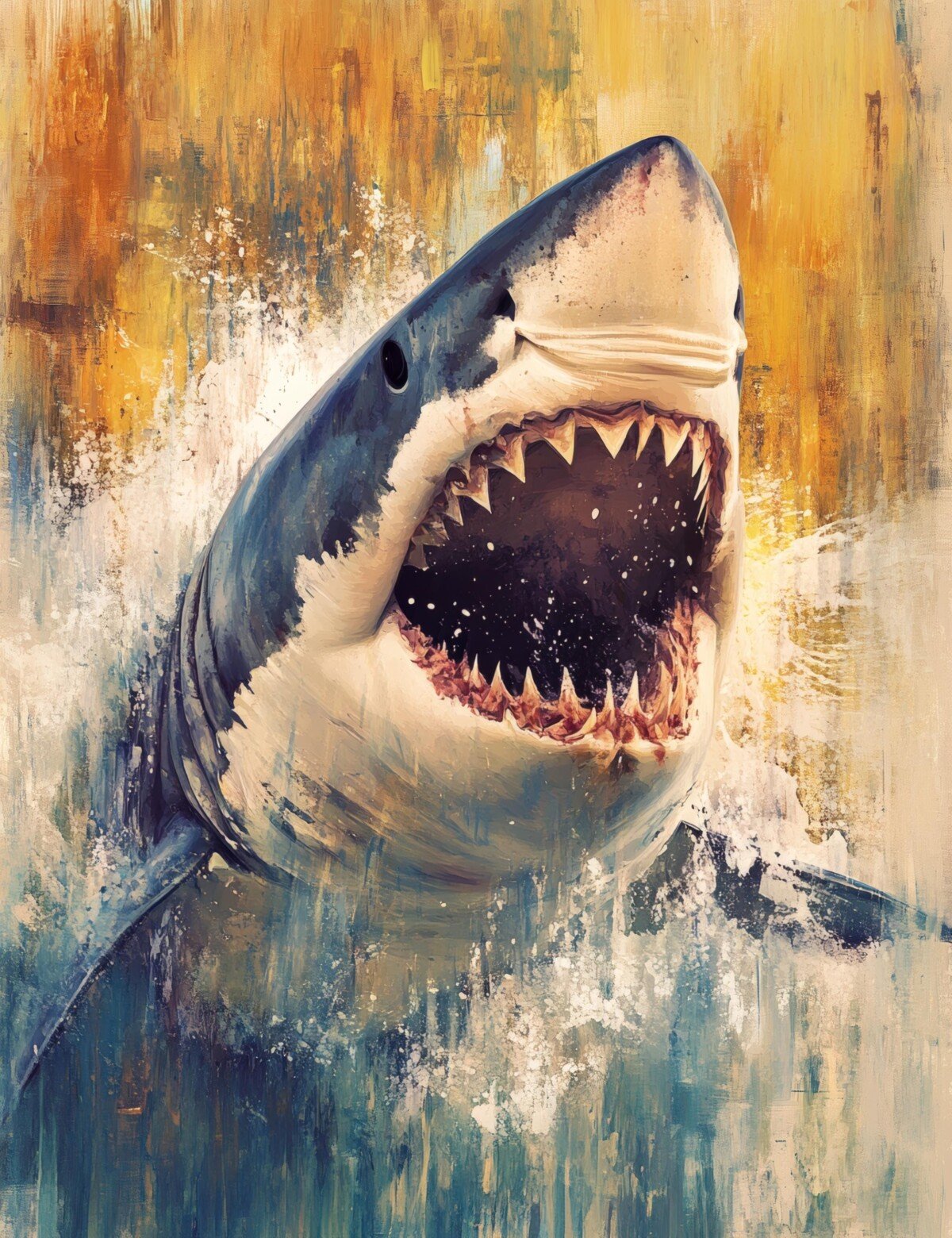 Open-mouthed shark illustration against warm distressed paper