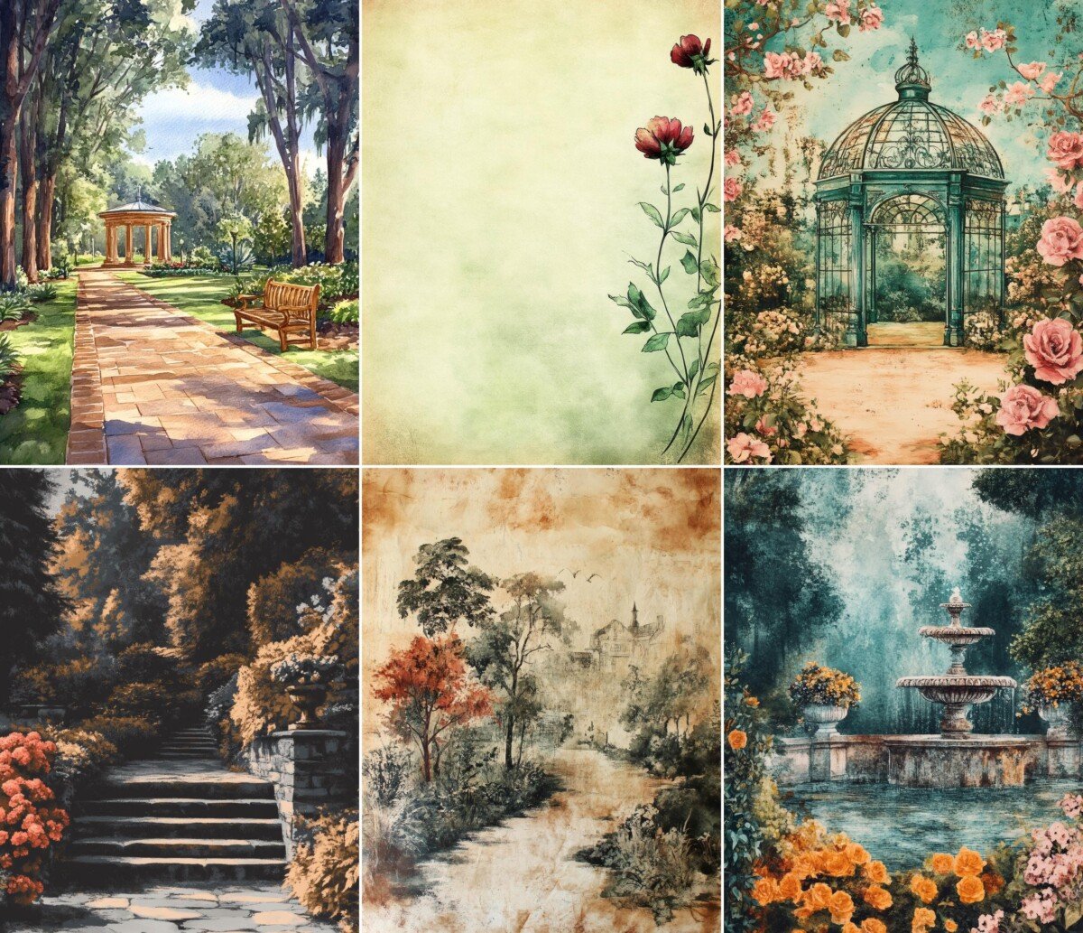 Garden journal pages with paths, flowers and decorative borders