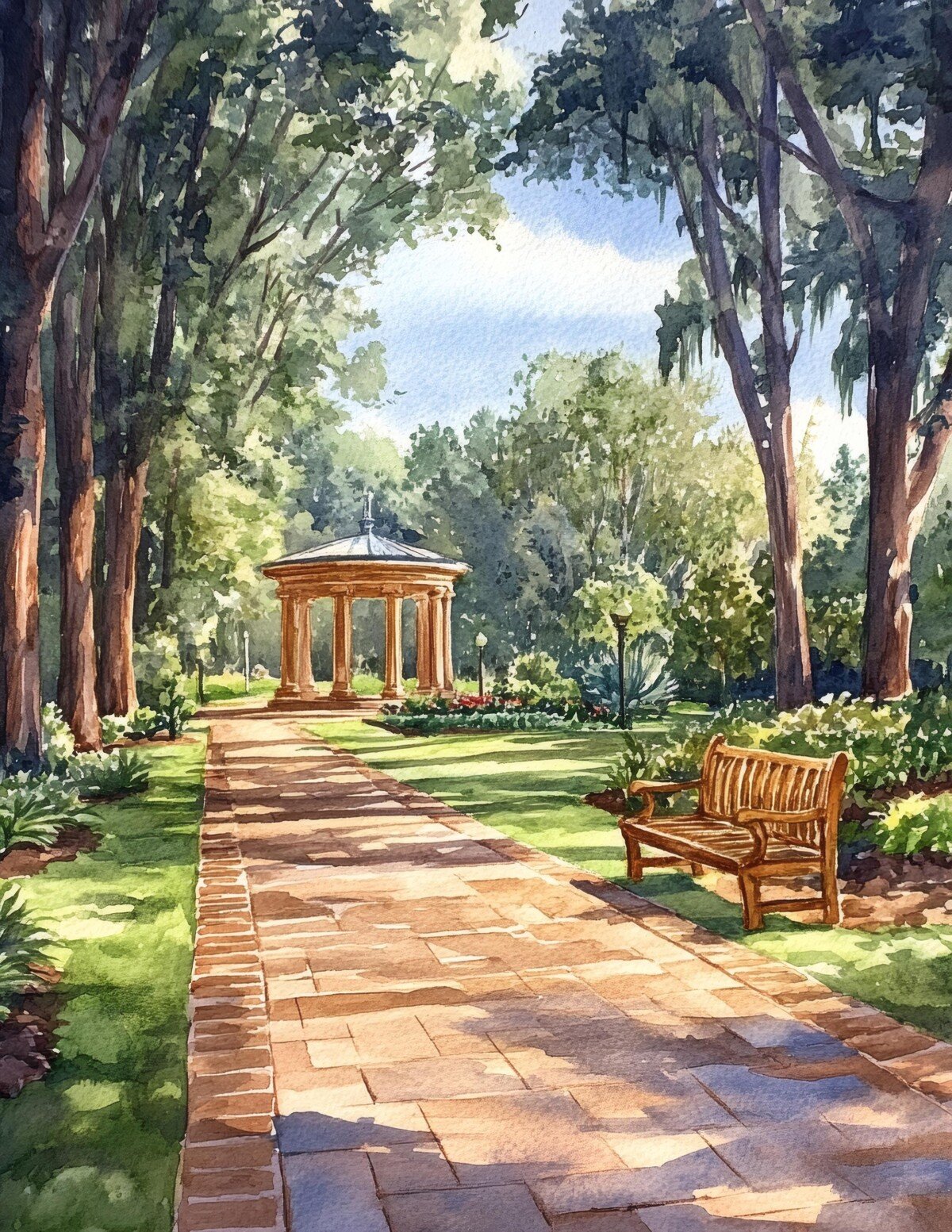 Leafy garden scene with a pavilion and sunlit path