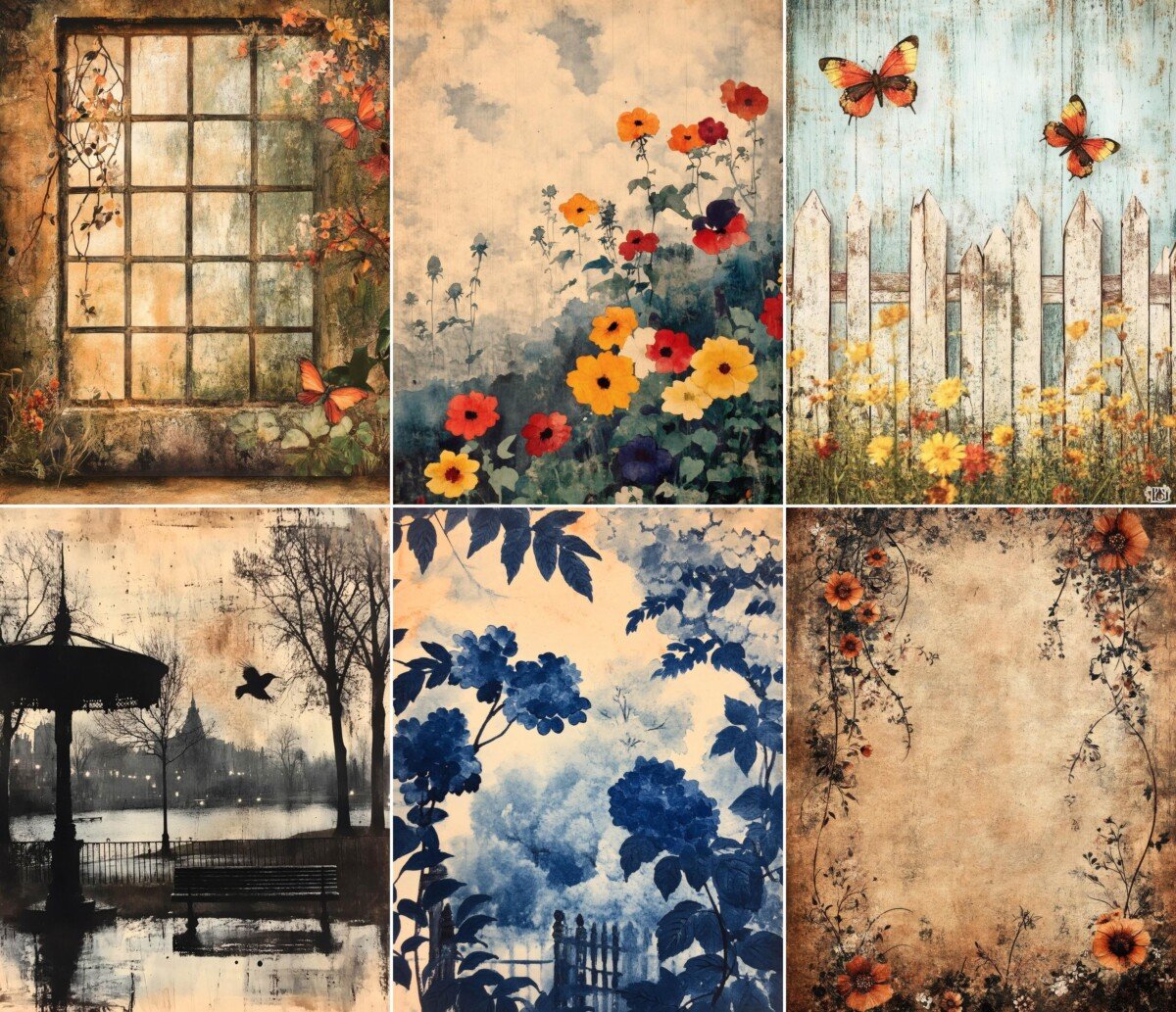 Watercolor garden paper with bright blossoms and pale backgrounds