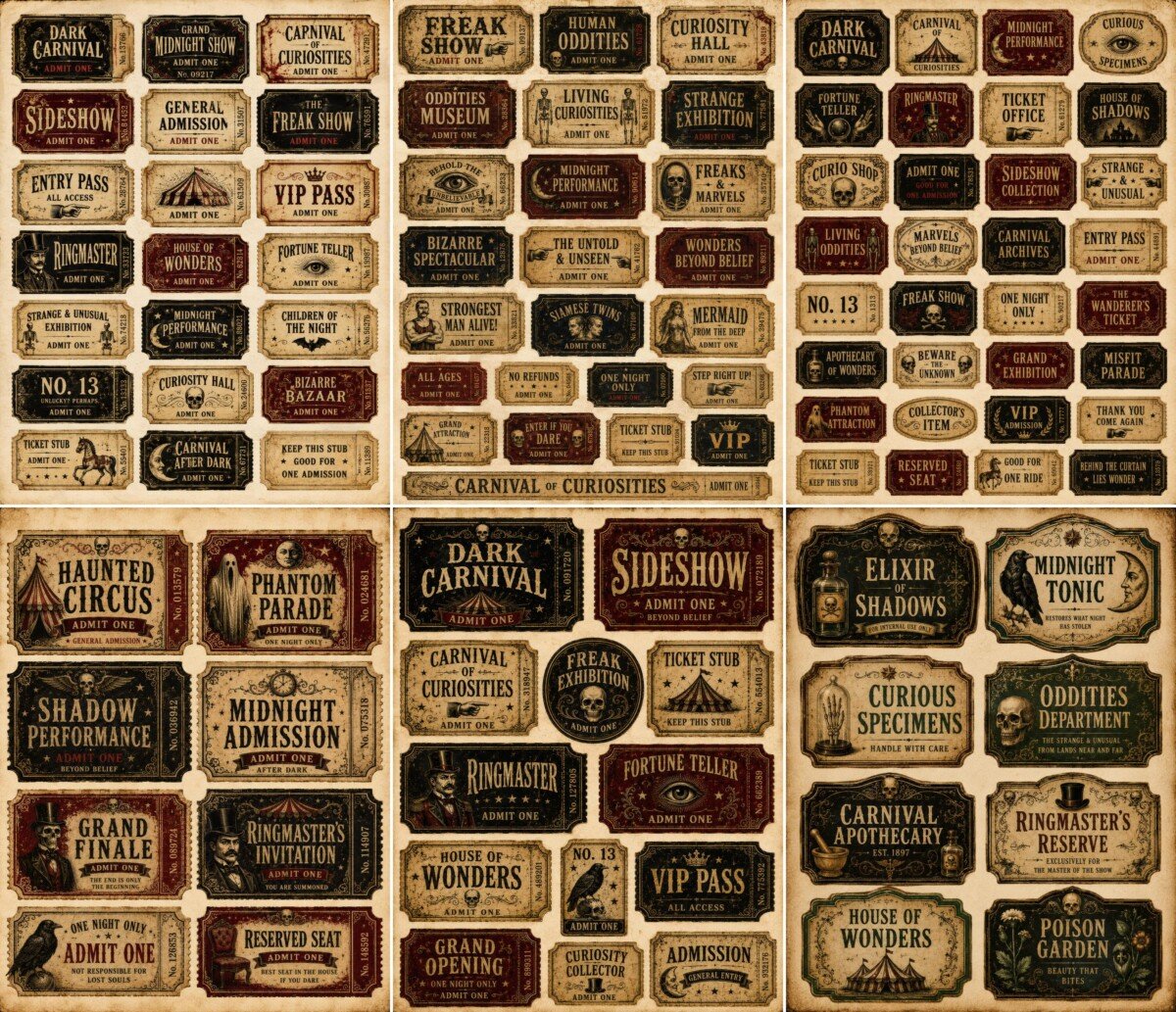 dark – 130 Dark Carnival Tickets Labels Ephemera