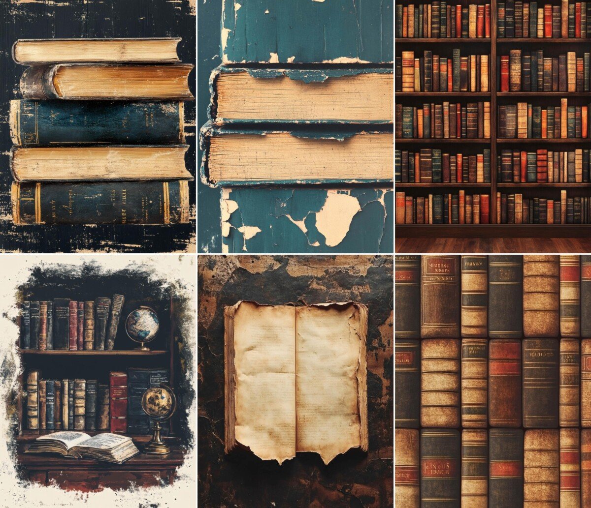 Vintage library journal paper preview with aged books and scholarly artwork