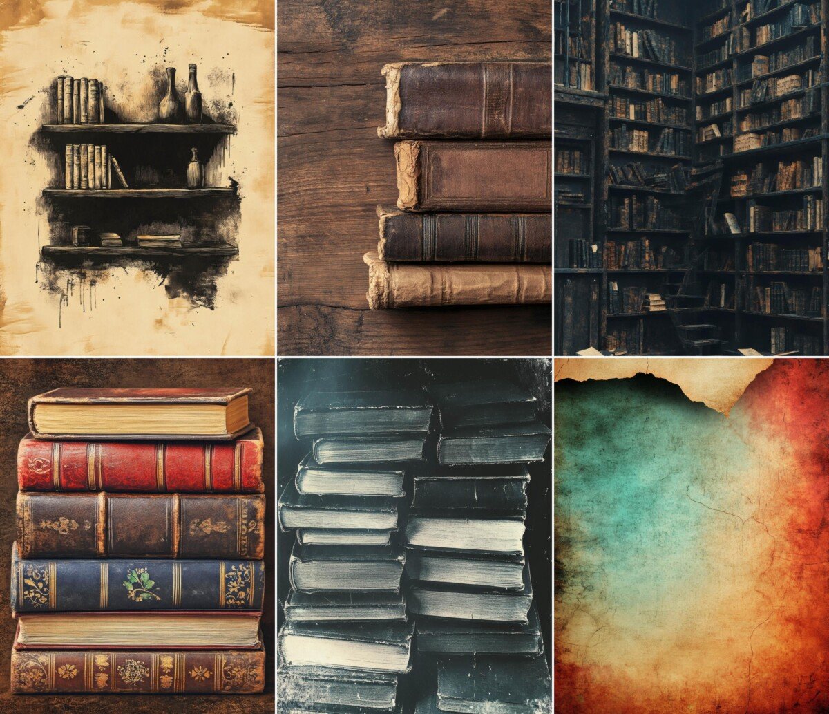 Vintage library journal paper preview with aged books and scholarly artwork