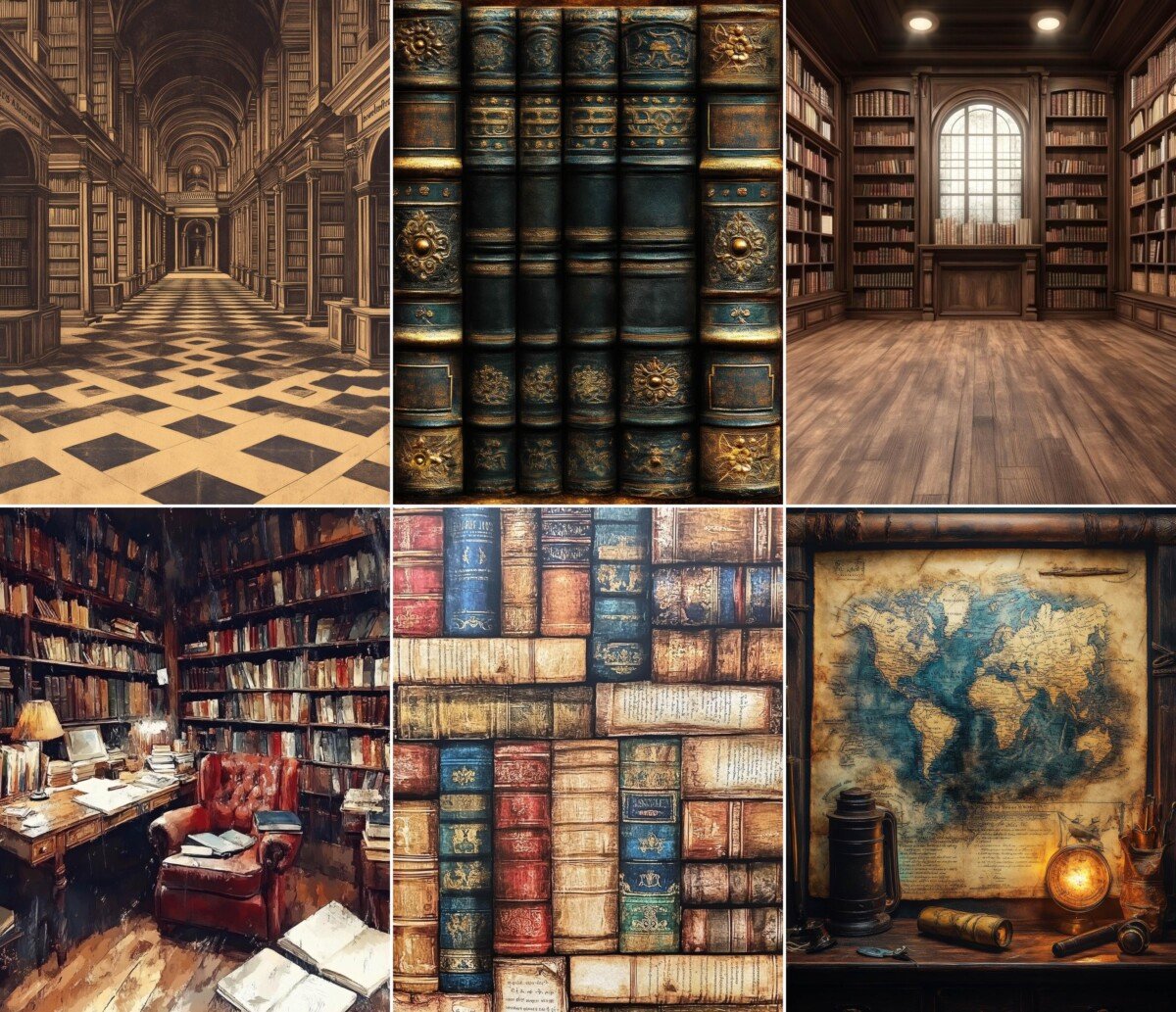 Vintage library journal paper preview with aged books and scholarly artwork