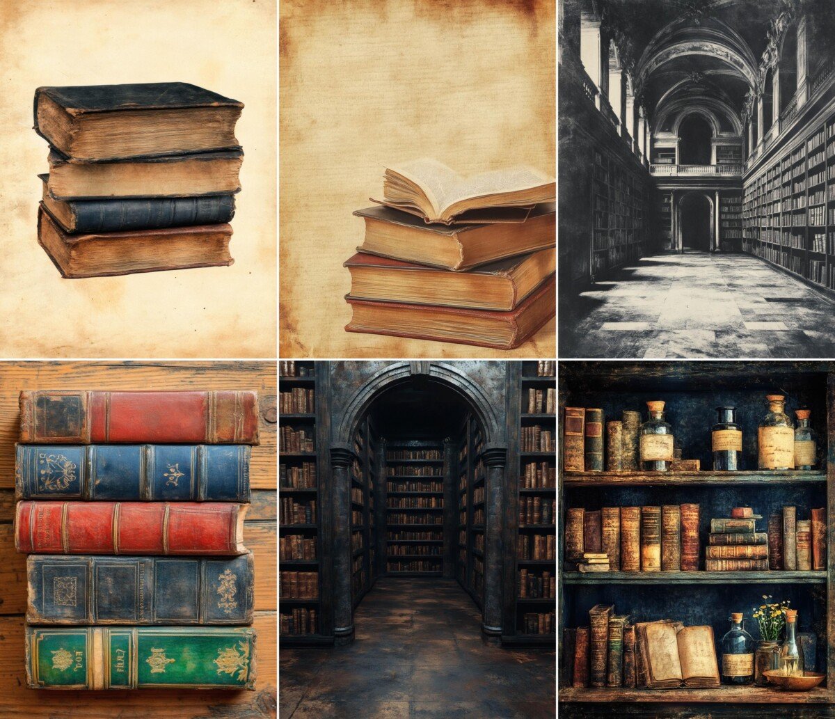 Vintage library journal paper preview with aged books and scholarly artwork
