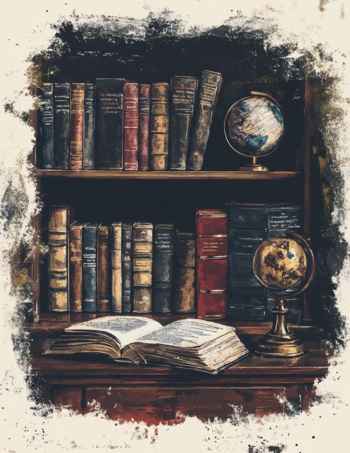 Vintage library journal paper preview with aged books and scholarly artwork