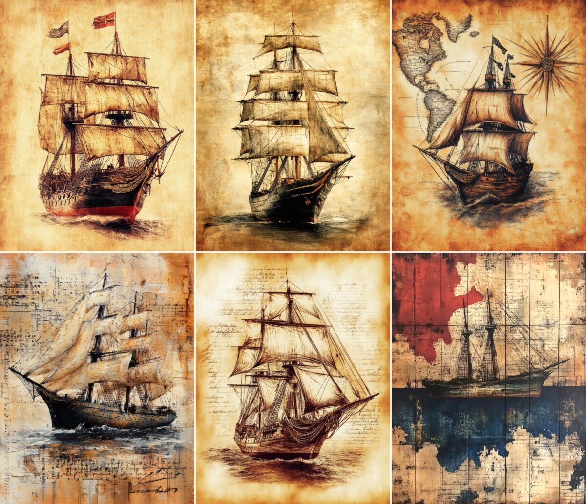 nautical – 56 Nautical Ship Background Junk Journal Pages