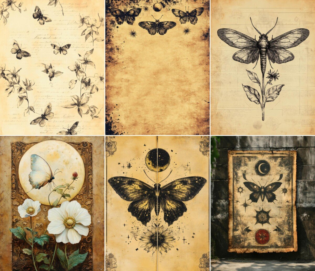 Delicate moth and flower sketches on pale aged backgrounds