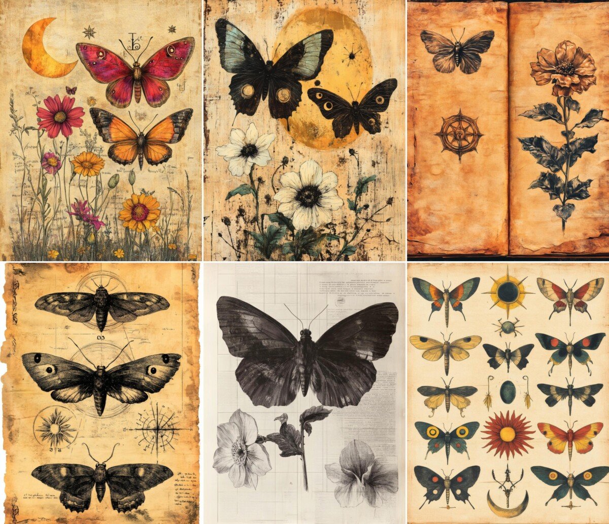 Moths and botanical illustrations in warm vintage colors