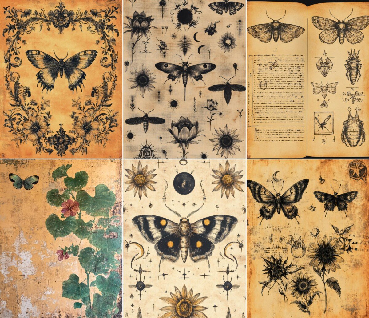 Vintage insect studies and moths on manuscript-style paper