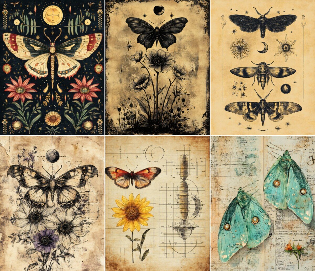 Moth and moonflower journal pages with botanical and celestial illustrations