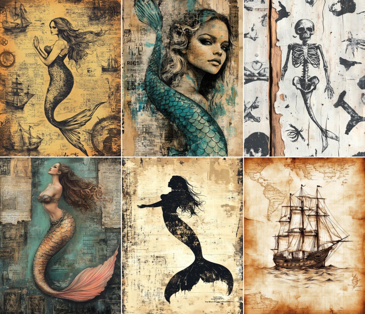 Nautical fantasy digital paper with vintage-style sea legends and distressed backgrounds