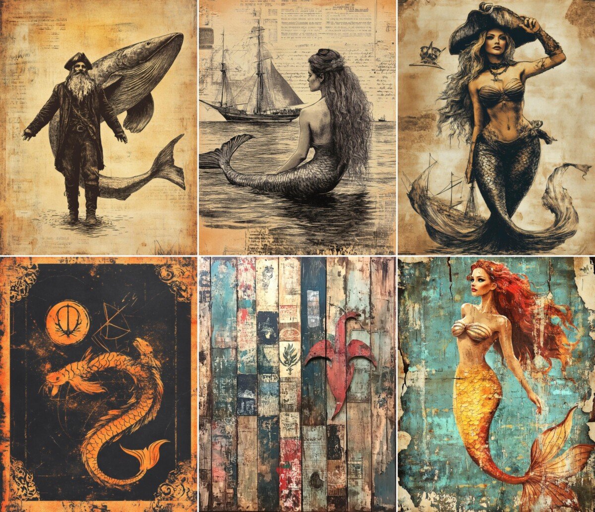 Nautical fantasy digital paper with vintage-style sea legends and distressed backgrounds
