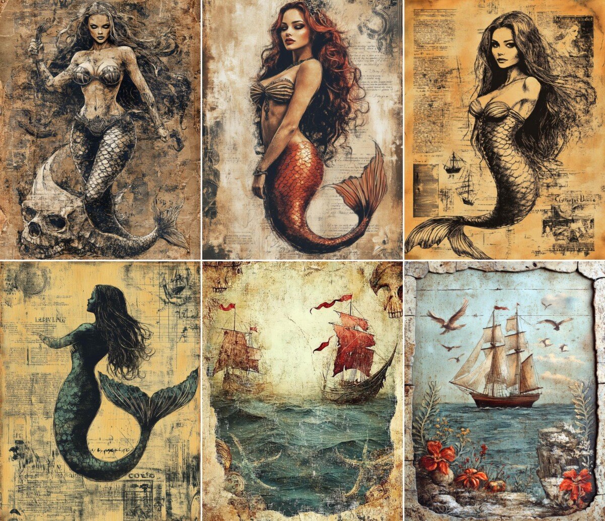 Nautical fantasy digital paper with vintage-style sea legends and distressed backgrounds