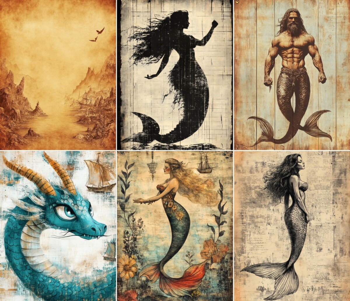 Nautical fantasy digital paper with vintage-style sea legends and distressed backgrounds