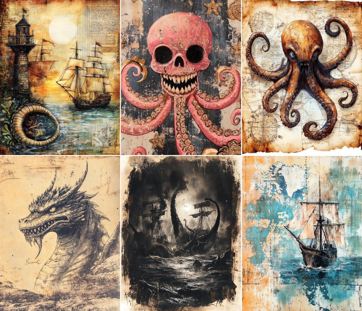 pirate – 52 Pirate Sea Monster Background Junk Journal Pages