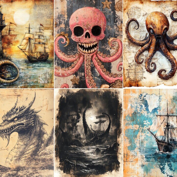 pirate – 52 Pirate Sea Monster Background Junk Journal Pages