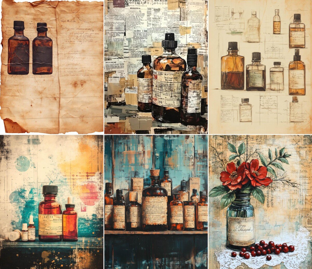 Antique pharmacy journal page preview with vintage bottle illustrations and layered paper