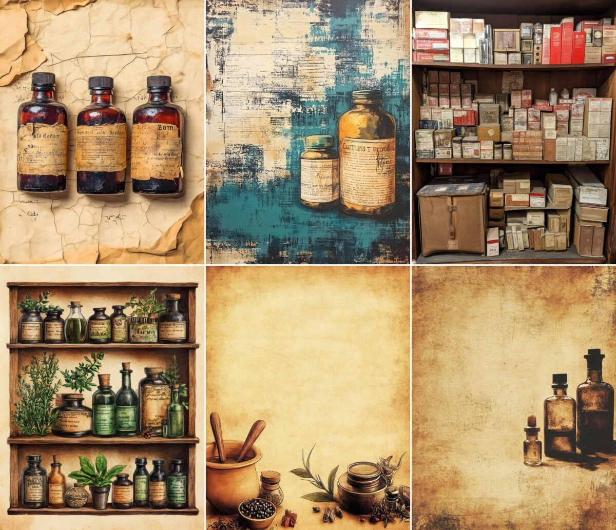 Antique pharmacy journal page preview with vintage bottle illustrations and layered paper