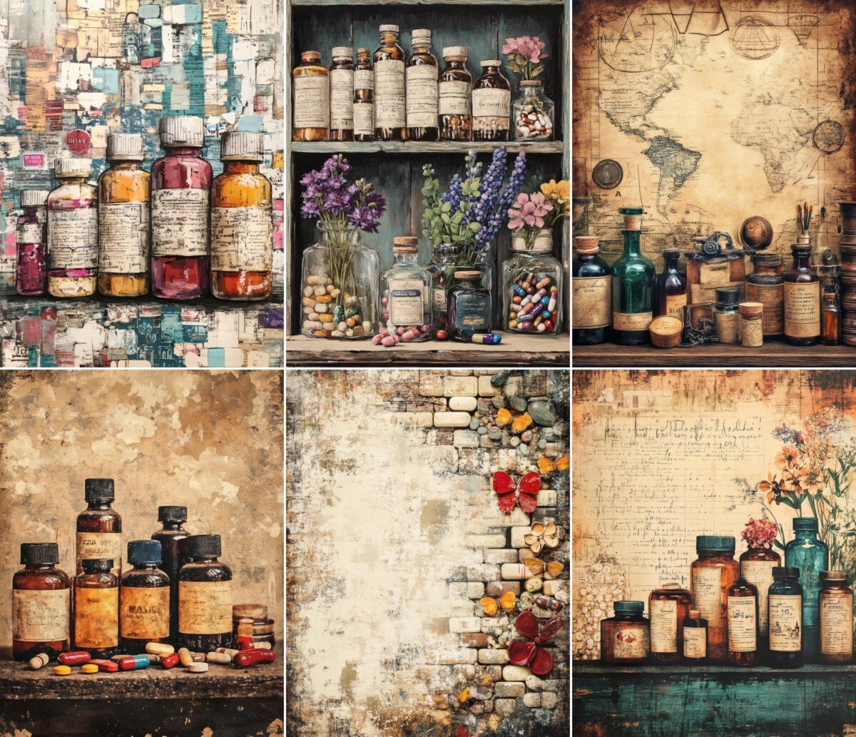 Antique pharmacy journal page preview with vintage bottle illustrations and layered paper