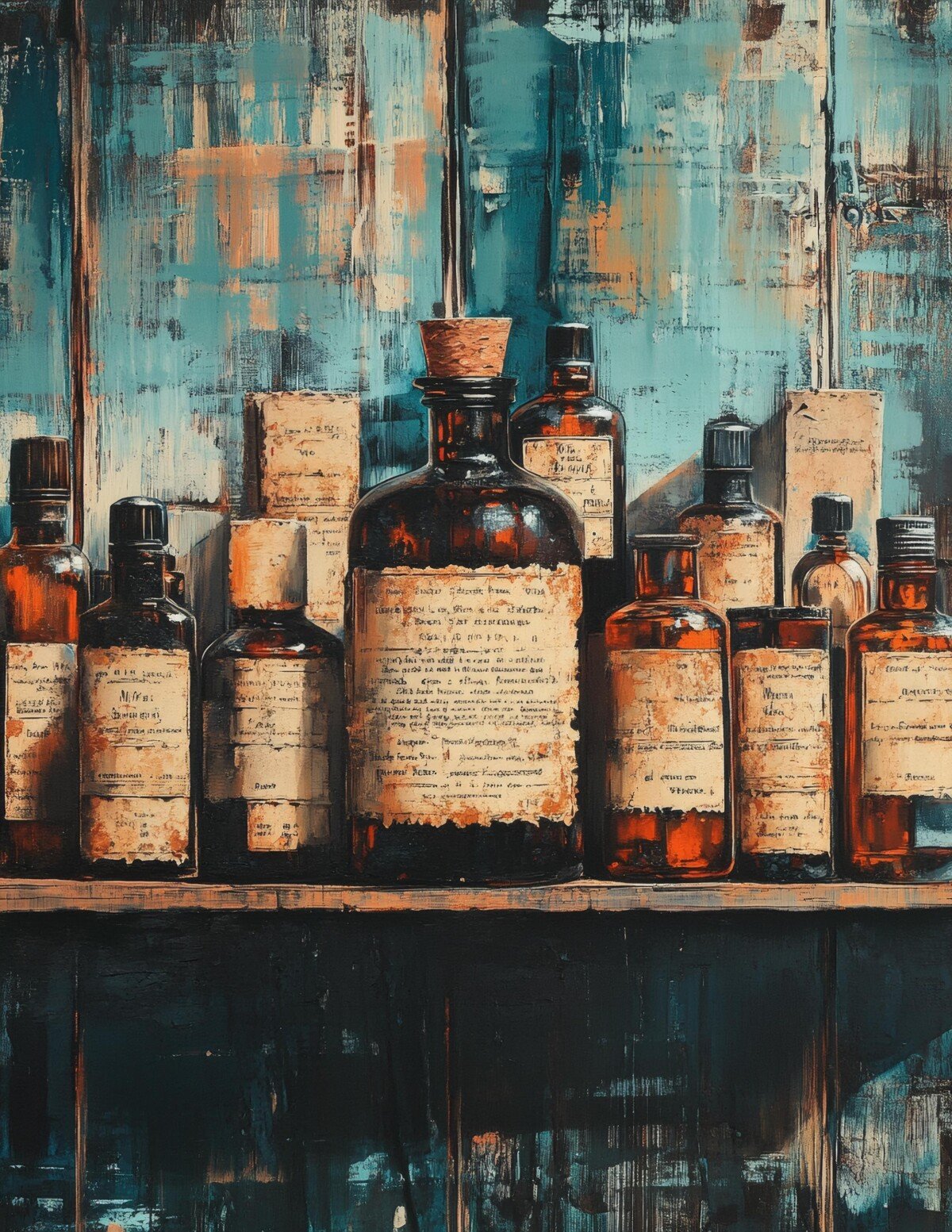 Antique pharmacy journal page preview with vintage bottle illustrations and layered paper