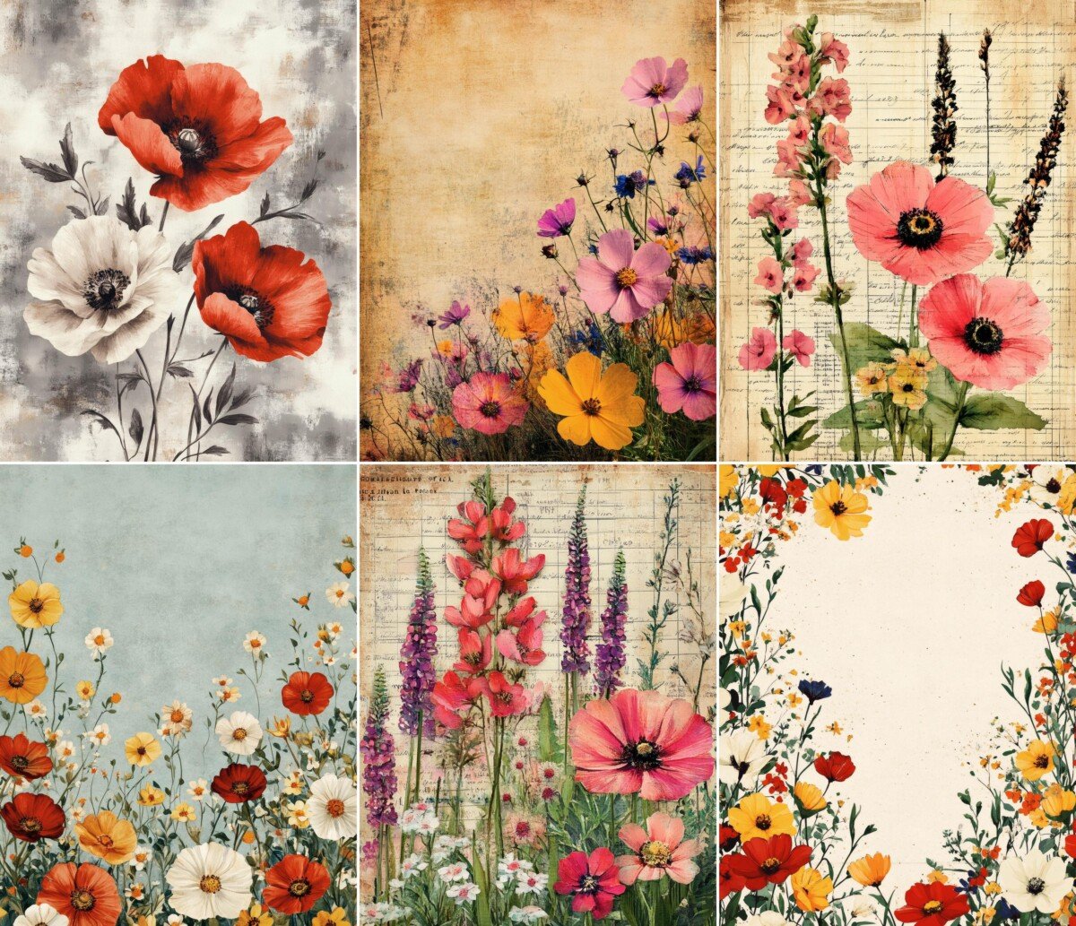 botanical – 55 Botanical Meadow Flowers Background Junk Journal Pages