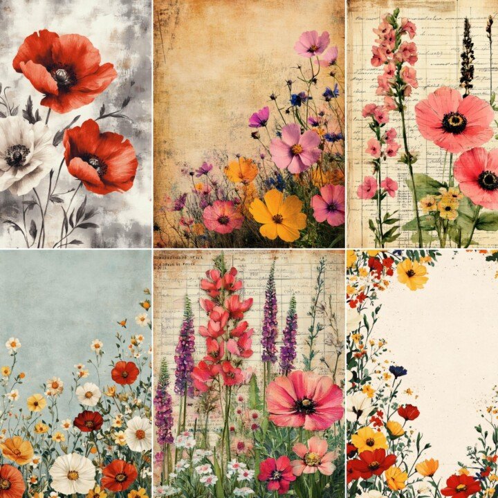 botanical – 55 Botanical Meadow Flowers Background Junk Journal Pages