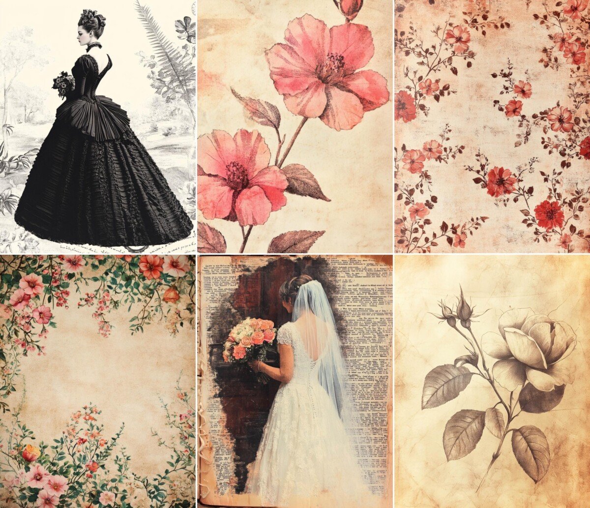 Victorian-inspired dress portrait with pink floral journal designs
