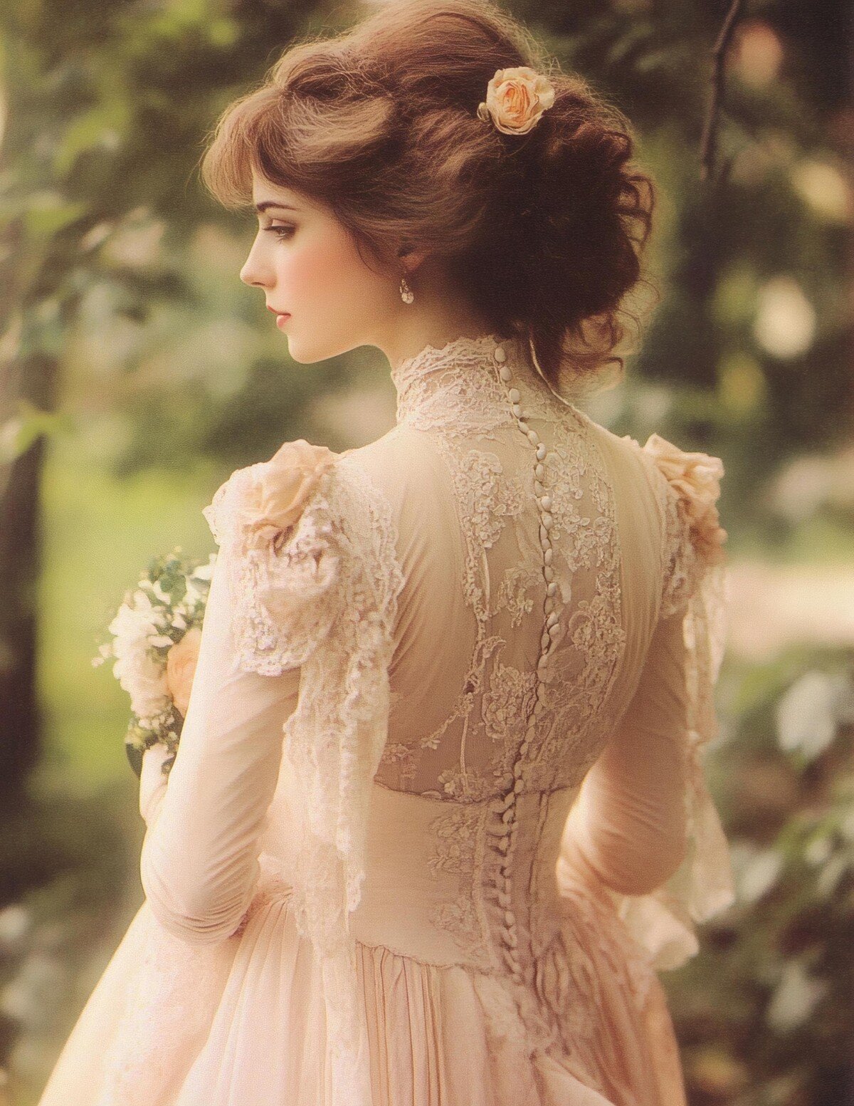 Woman in a lace bridal dress shown in profile