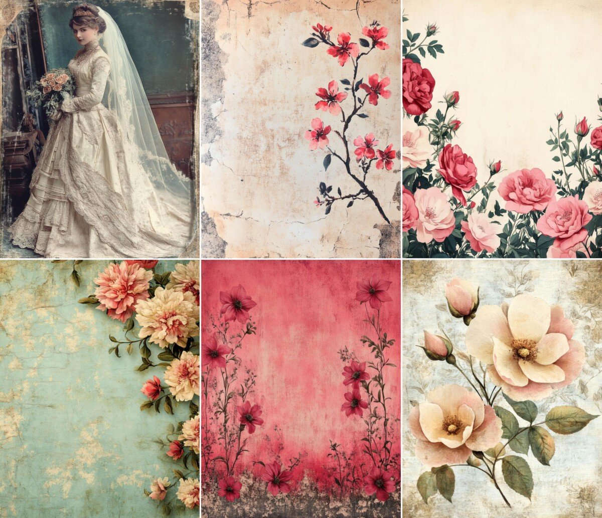 Bridal portrait and pink blossoms with softly distressed textures