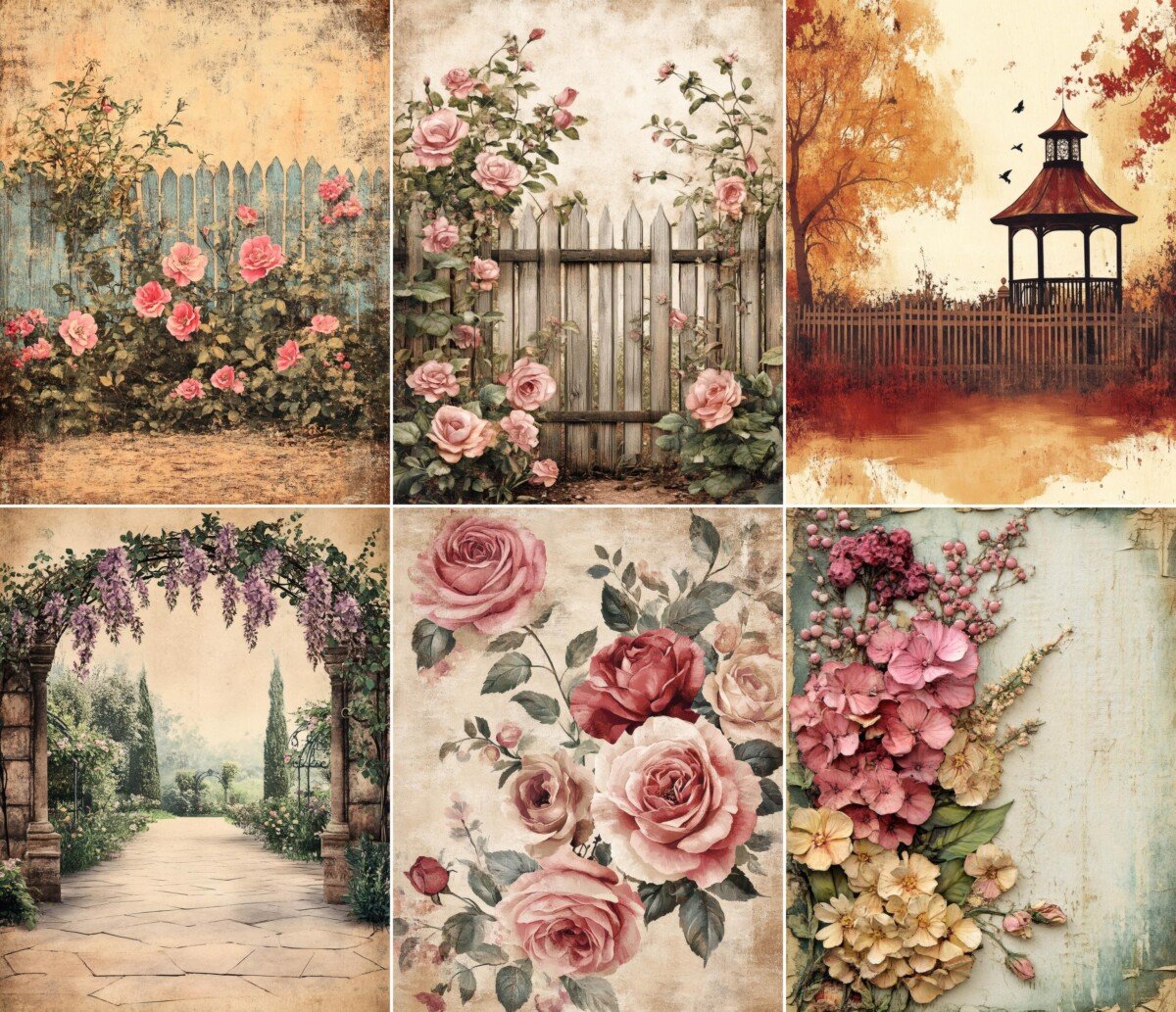 Vintage garden junk journal pages with roses, garden gates and romantic floral scenes