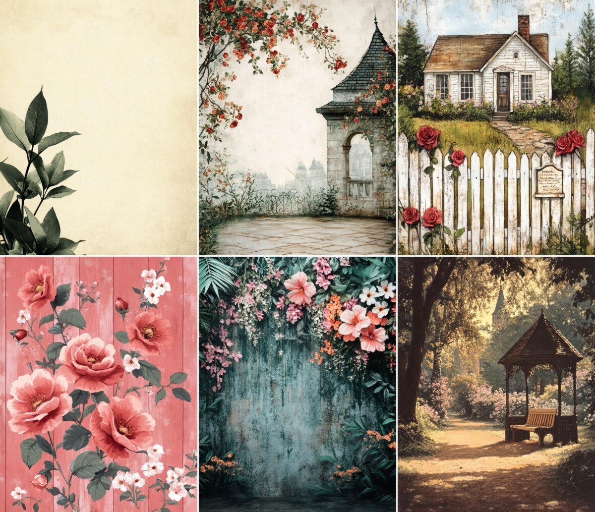 Romantic garden and floral illustrations on vintage digital paper