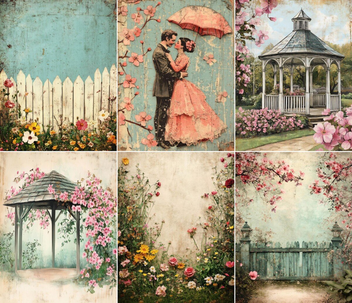 Romantic garden and floral illustrations on vintage digital paper