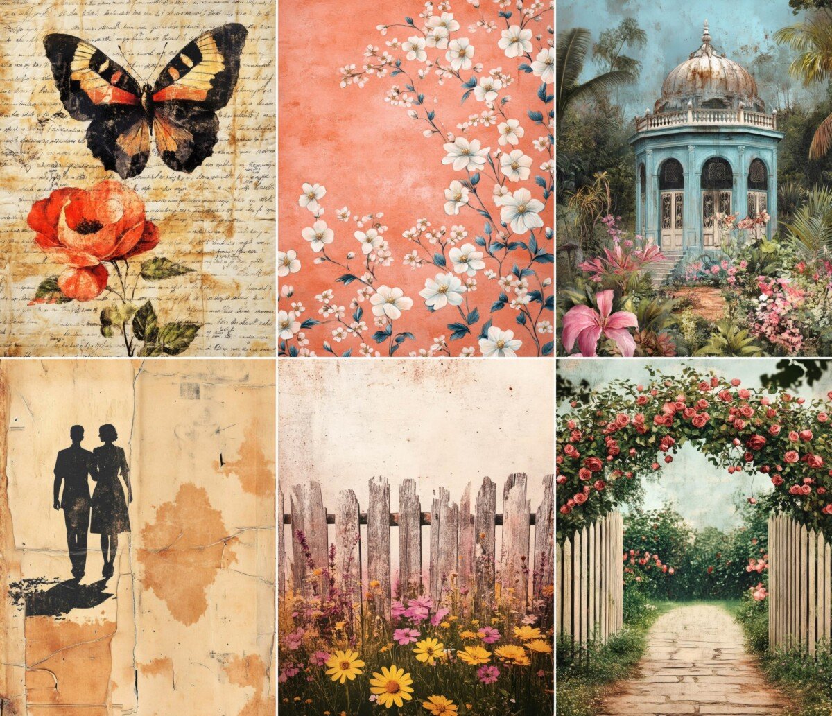 Romantic garden and floral illustrations on vintage digital paper