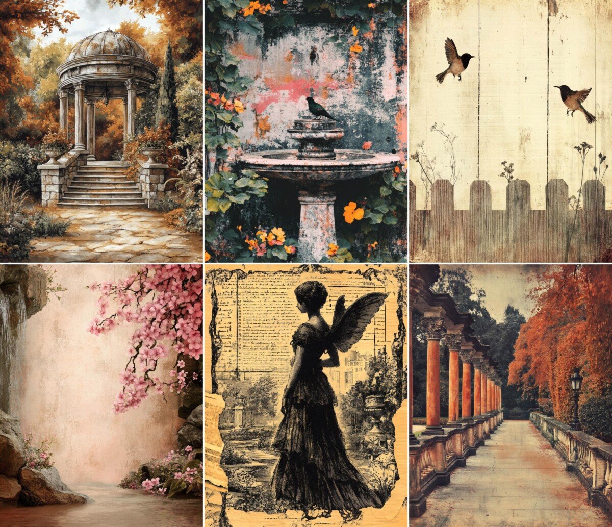 Romantic garden and floral illustrations on vintage digital paper