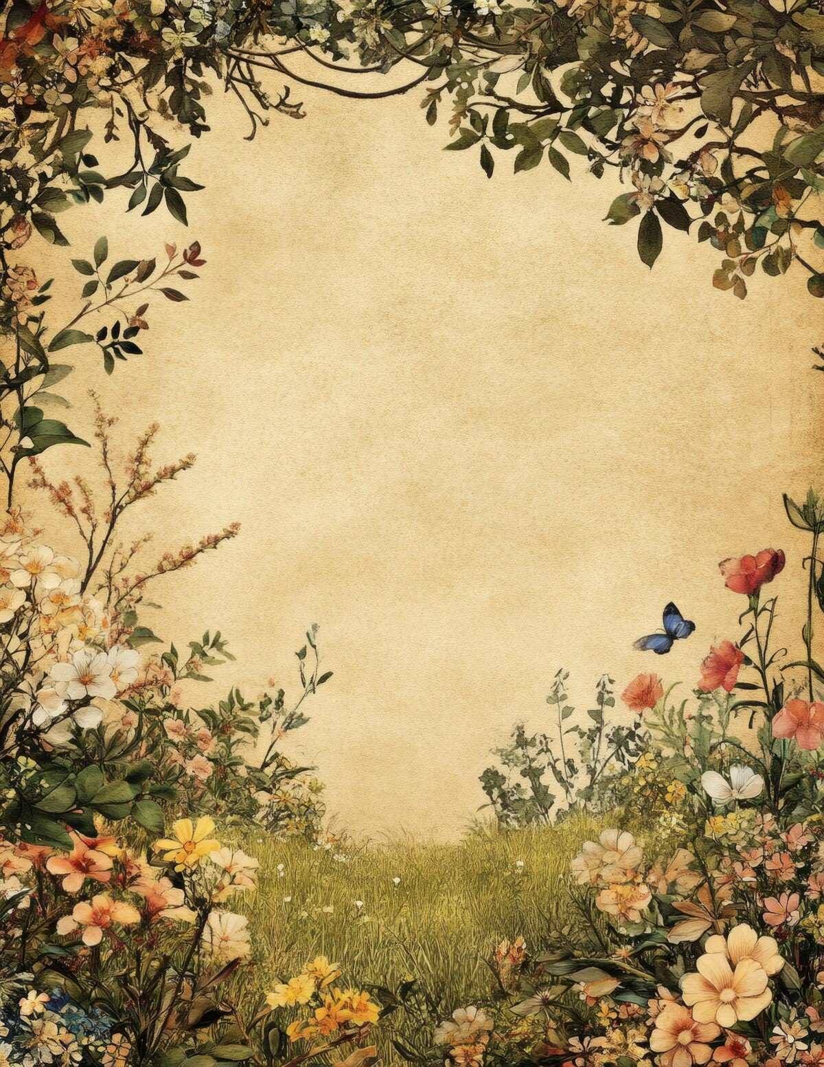 Romantic garden and floral illustrations on vintage digital paper