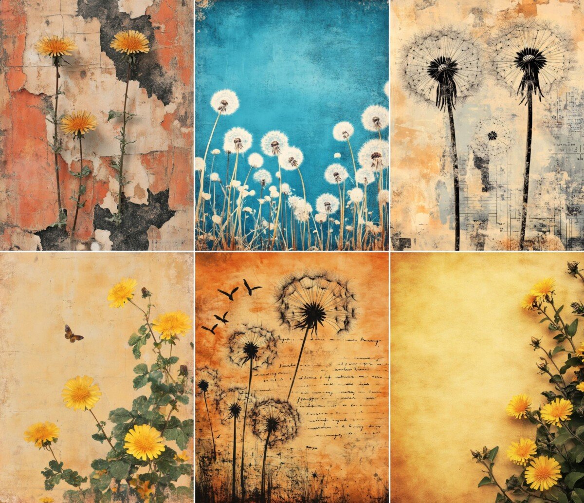 Dandelion junk journal pages with botanical silhouettes and weathered colorful backgrounds