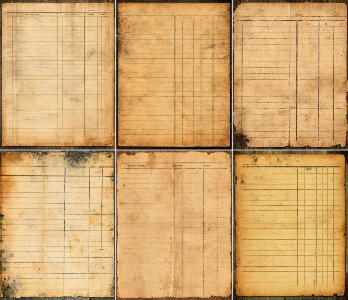 Vintage train record card preview with ruled travel ledger paper and worn edges