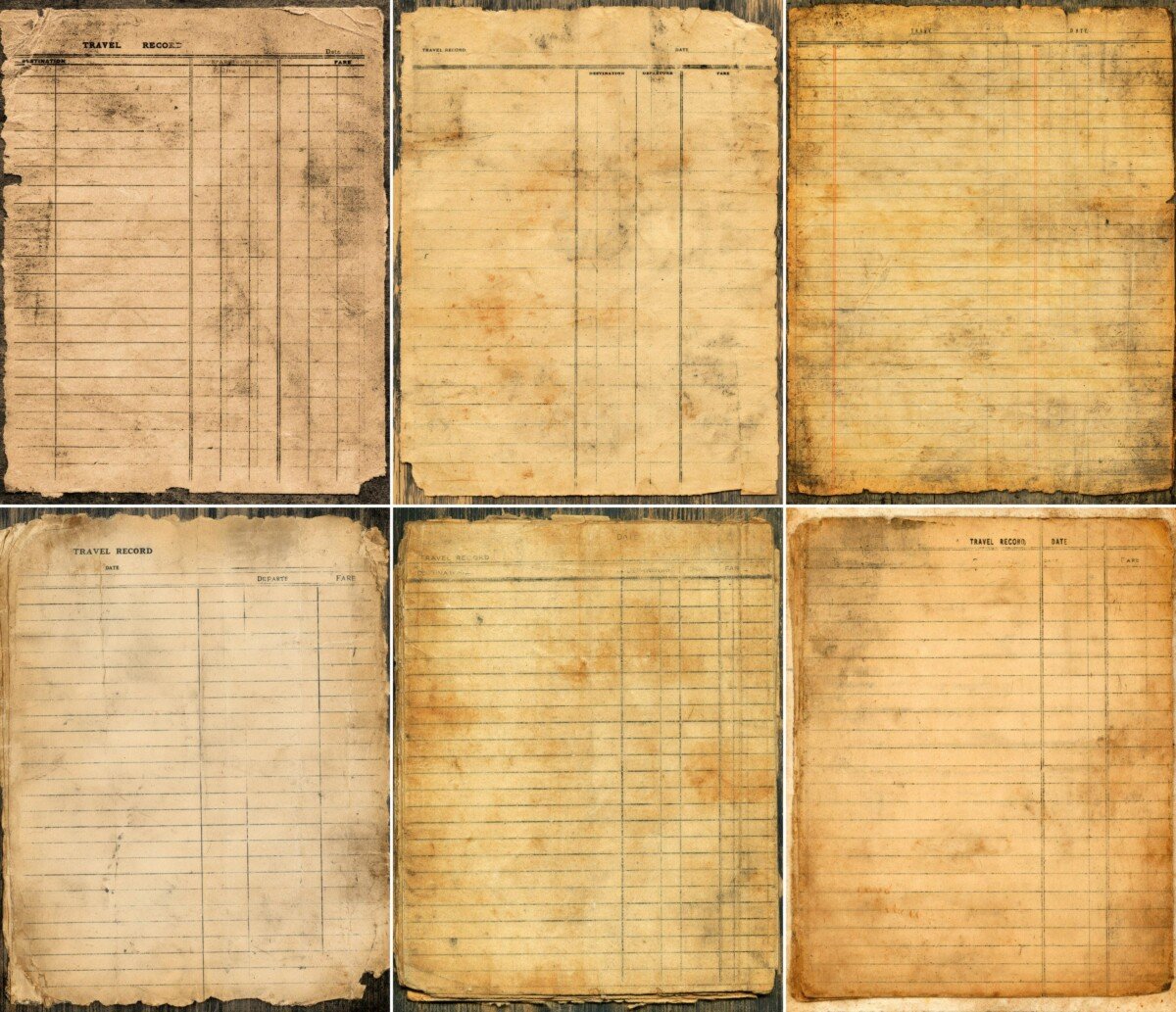 Vintage train record card preview with ruled travel ledger paper and worn edges