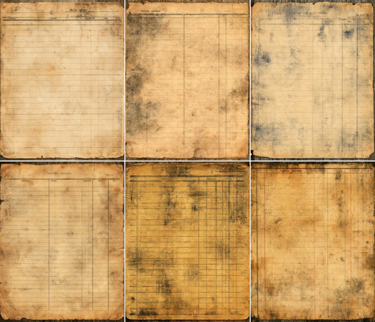 Vintage train record card preview with ruled travel ledger paper and worn edges