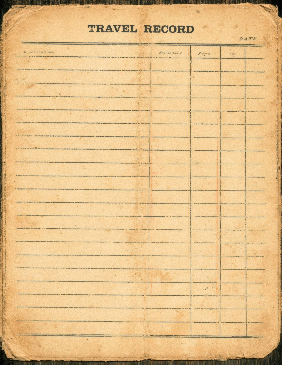 Vintage train record card preview with ruled travel ledger paper and worn edges