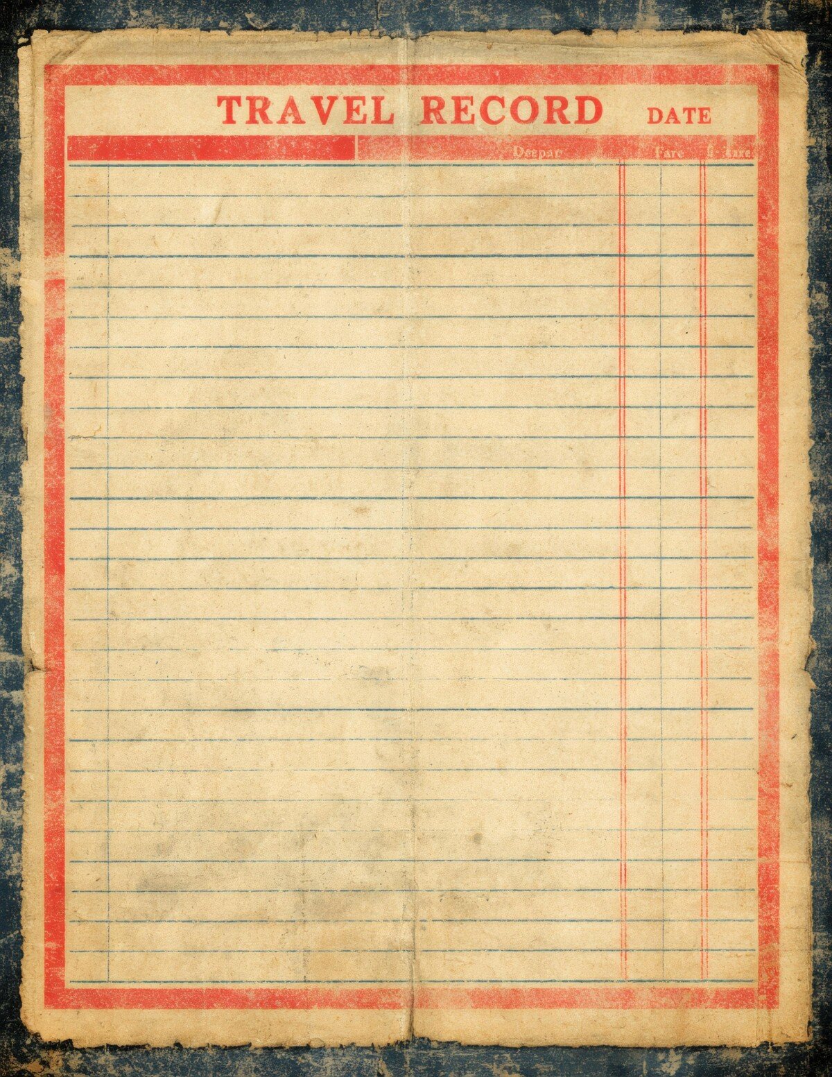 Vintage train record card preview with ruled travel ledger paper and worn edges