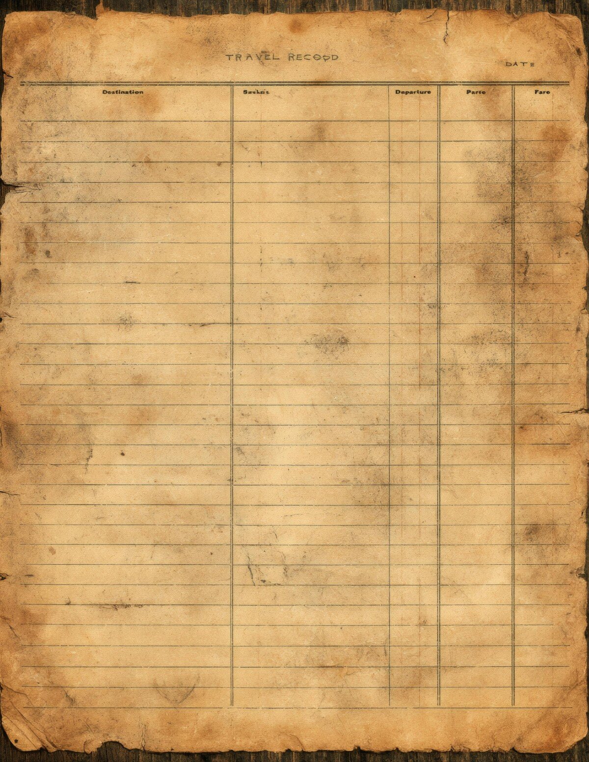 Vintage train record card preview with ruled travel ledger paper and worn edges