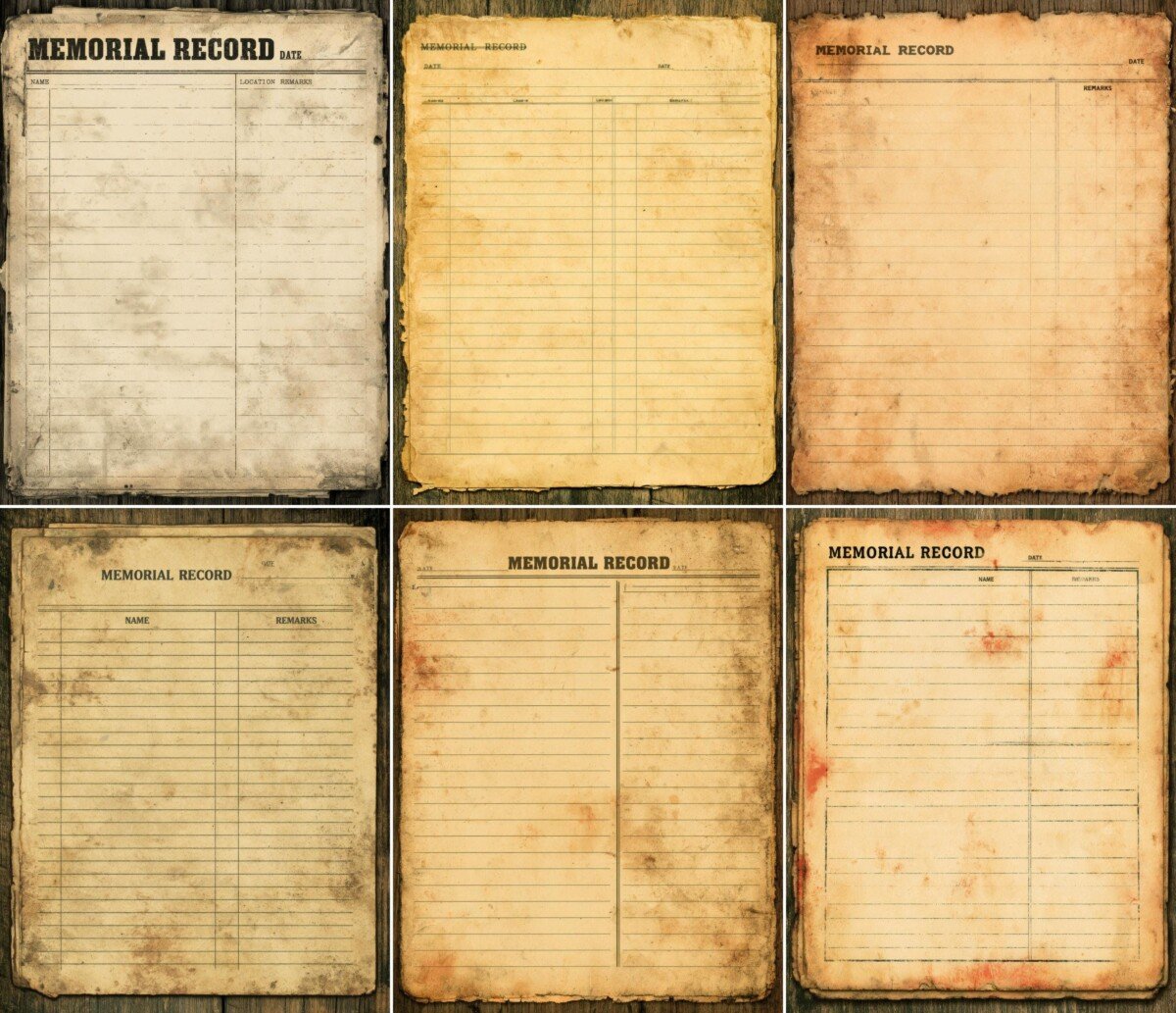Aged memorial record paper with lined writing areas and simple columns